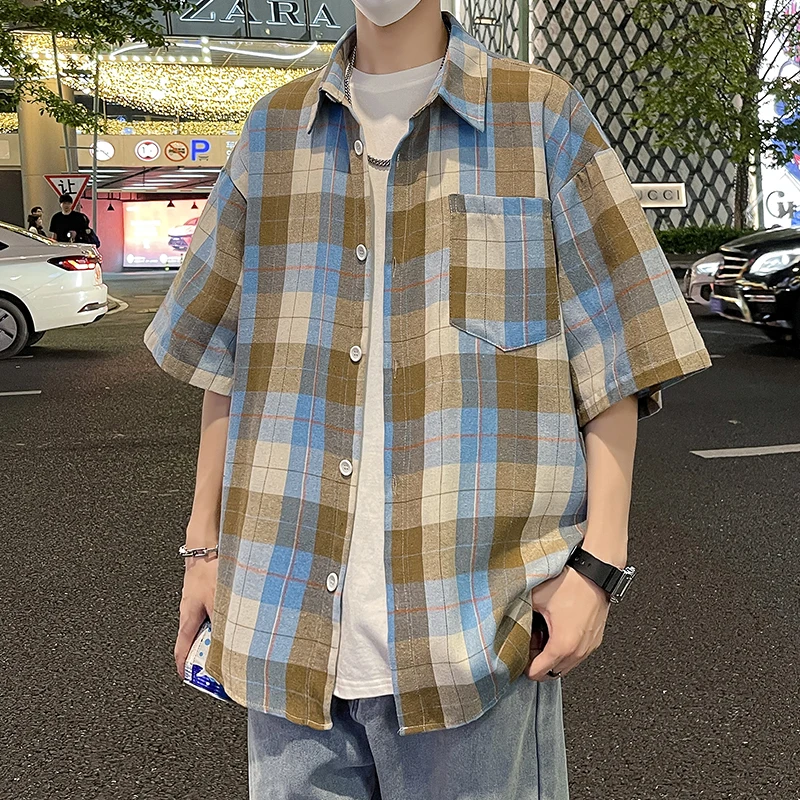 

Summer Short Sleeved Shirt Men Fashion Retro Casual Shirt Men Streetwear Korean Loose Plaid Shirt Mens Shirts Large Size 5XL