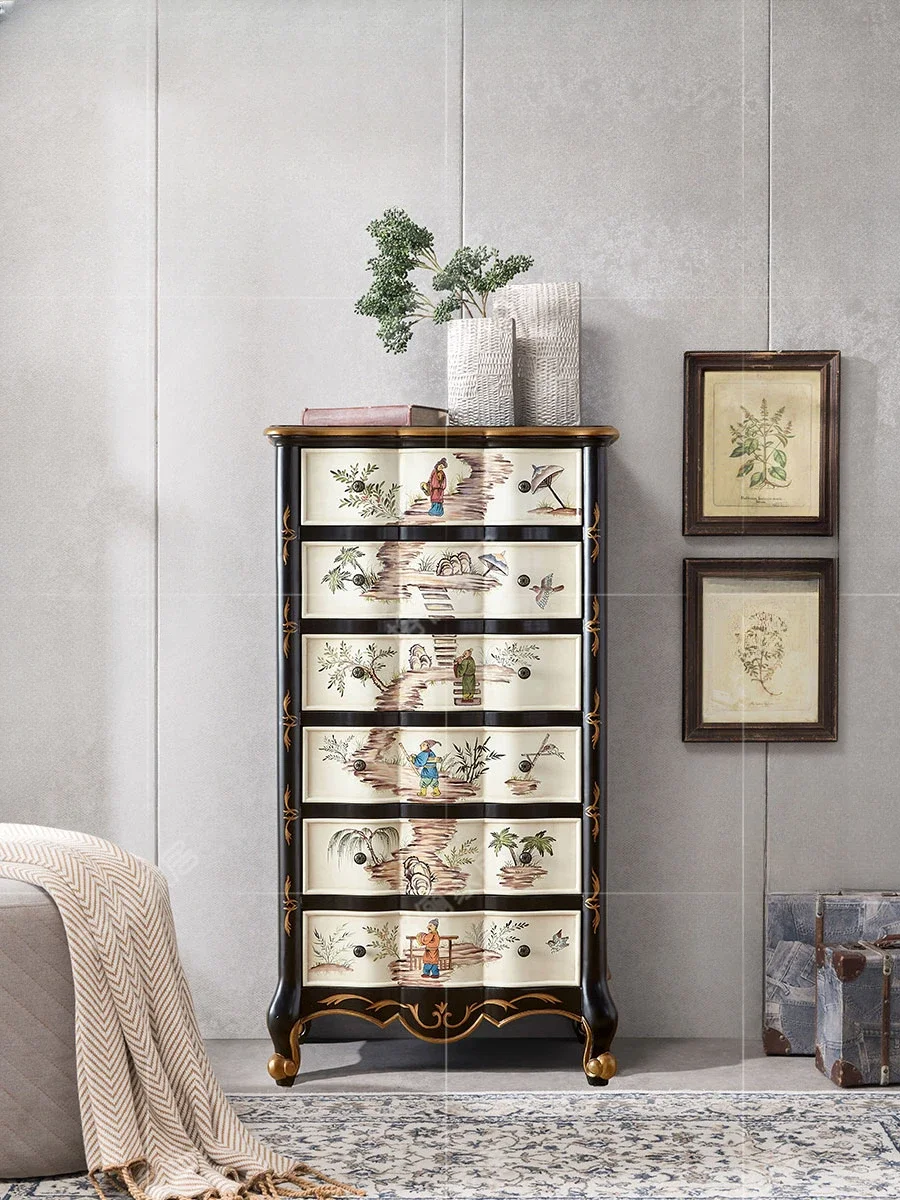 

Solid Wood French-Style Painted Living Room Storage TV Side Cabinet Chinese-Style Bedroom Six-Bucket Storage Cabinet