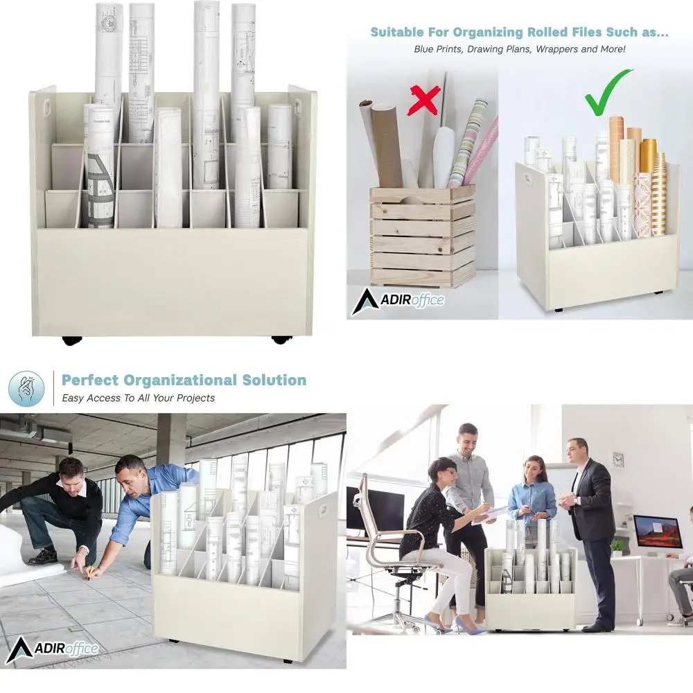 

Mobile Roll Cart with 21-Slot Storage Organizer for Blueprints, Office and Home Use (White)