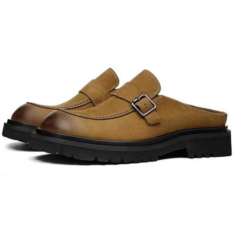 High Quality Thick Soled Height-increasing Non-slip Buckle Slippers For Men Suede Leather Loafers Casual Shoes Man Mules Shoes