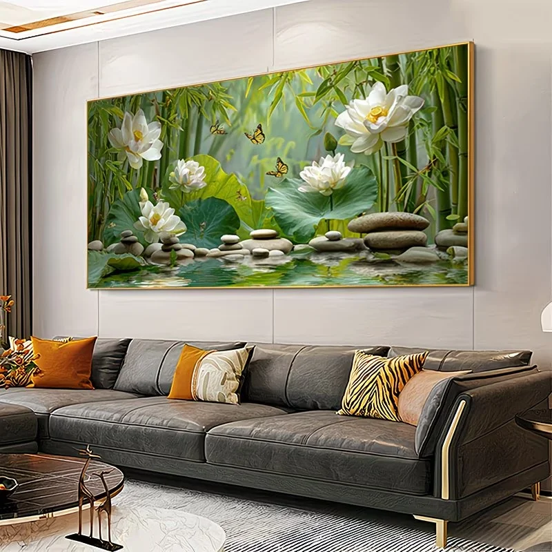 Pintura Diamante DIY Nova Coleção: Cenário de Lótus, Borboletas e Bosque de Bambu - Mosaico Completo, Ponto Cruz, Bordado de Diamantes para Decoração de Casa
