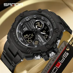 SANDA 3196 Dual Display Watch Mens Watches Top Brand Luxury silverCase Luminous 50M Waterproof Multifunctional Chronograph Watch