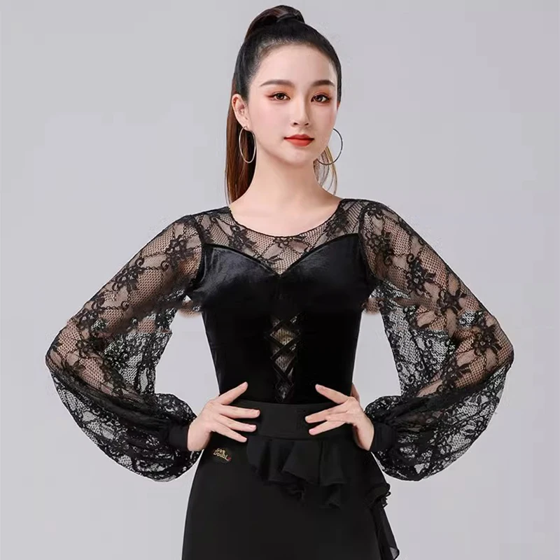 New Latin Dance Top Women Performance Lantern Sleeved Ballroom Leotard Clothes  Velvet Backless Modern Waltz Bodysiut  Costumes