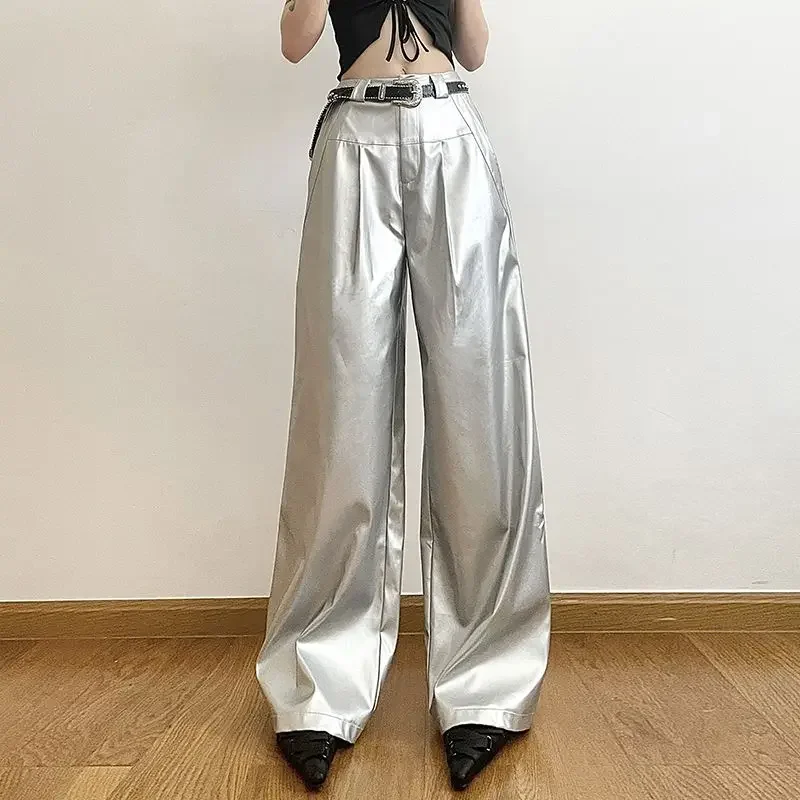 Y2k Gothic Punk Design Silver Shiny PU Leather Loose Draped Casual Trousers for Women Streetwear Straight Pants Baggy Pants Chic