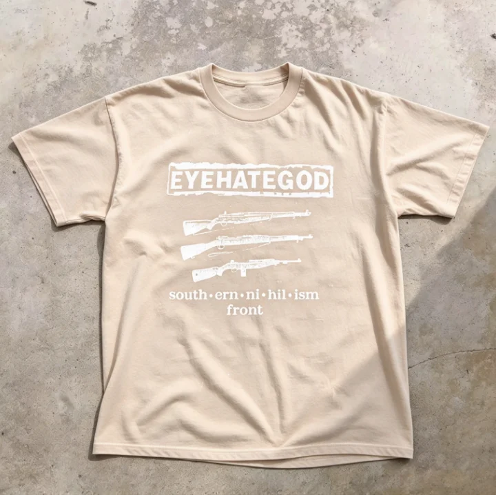 2026 new Men Crew Neck T Shirt Distressed Rifle Sketch Print Short Sleeve Dark Style Casual Tee