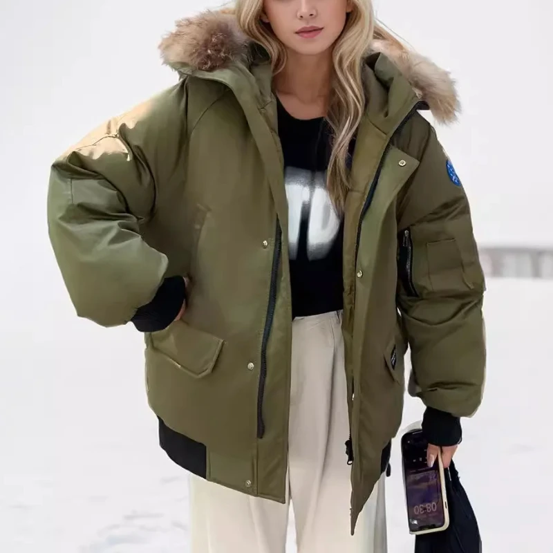 Explosive Workwear Down Cotton Women's Clothing 2024 New Loose High-End Big Fur Collar Thick Coat