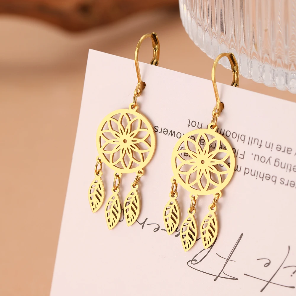 DOTIFI Stainless Steel Earrings Trend New Dream Catcher Leaves Pendants Charms Drop Earrings for Women Jewelry Party Gift