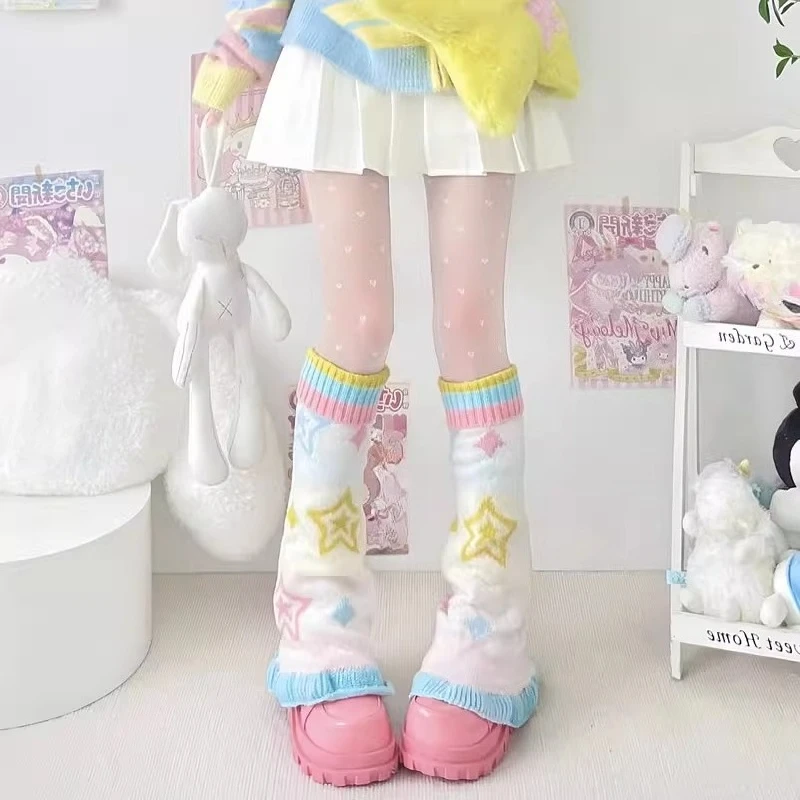 Japanese Design Flared Hosiery Colorful Y2K Star Comic Autumn Winter New Sweet Girl Y2k Knitted Wide Leg Socks Warmers Ladies