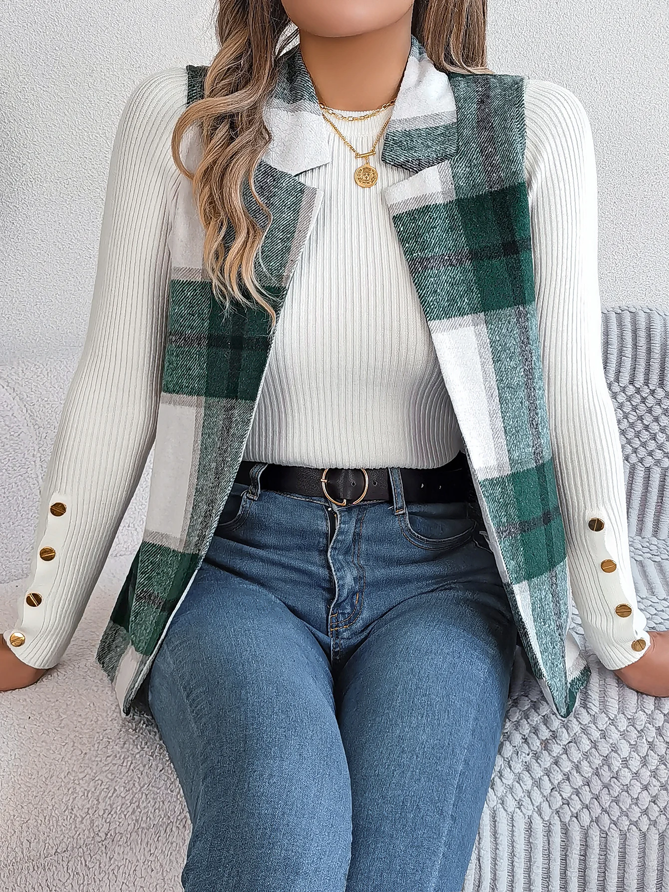 Autumn Winter Casual Plaid Sleeveless Woolen Jacket Vest Women Coats