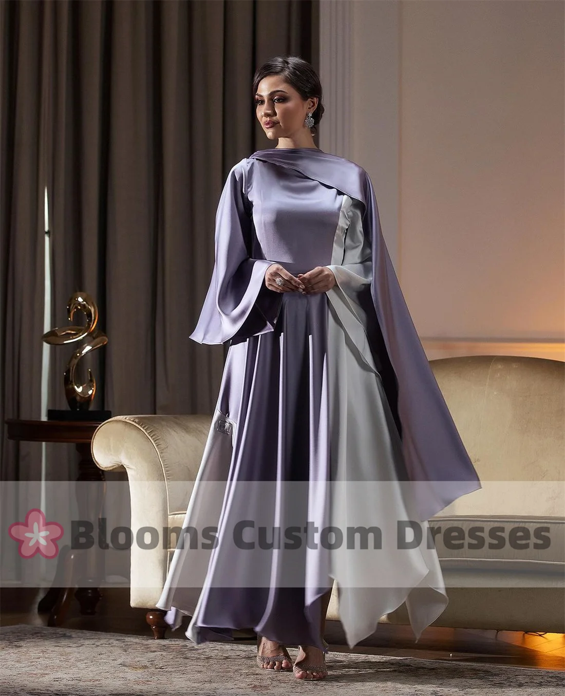 Blooms Multicolor Long Sleeves A-Line Prom Dresses Saudi Shawl Saudi Evening Dress for Formal Occasion Satin Eid Party Gown