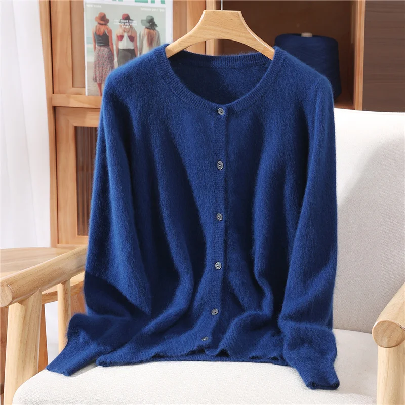 New Women 100% Mink Cashmere Sweater O-Neck Buttons Cardigan Autumn Winter Soft Warm Cable Kint Sweater Casual Long  Sleeve Tops