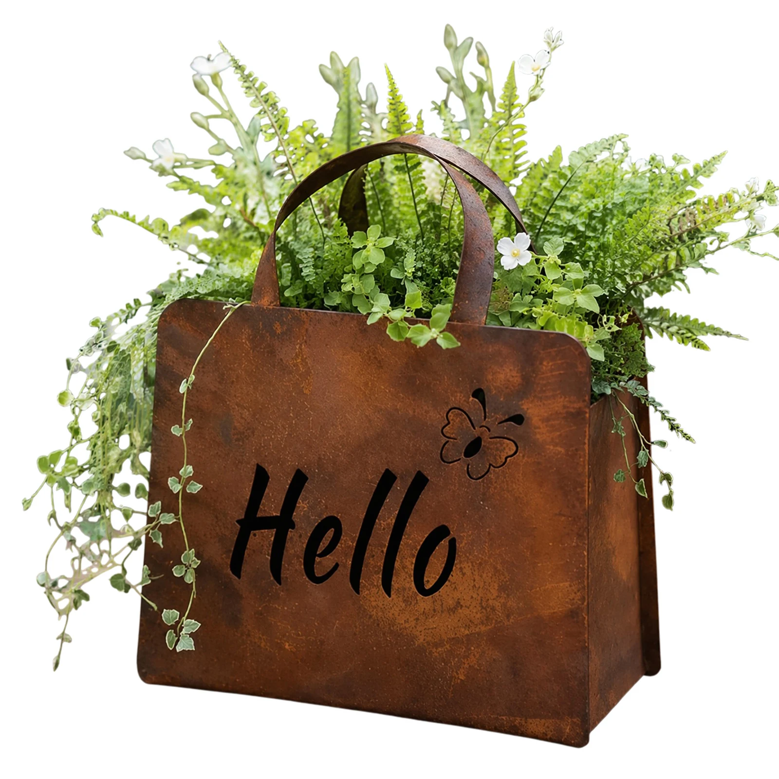 Metal Purse Planter with Curved Handle Rustic Iron Planter Hello Welcome Flower Box for Outdoor Garden Porch Patio Lawn