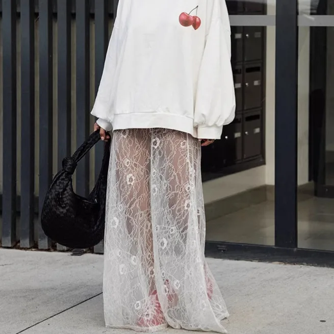 Sexy Spitze Stickerei Durchsichtiger Midirock Faionable Cross-border Damen Langer Rock A-Linie Commuter Sle Langer Rock