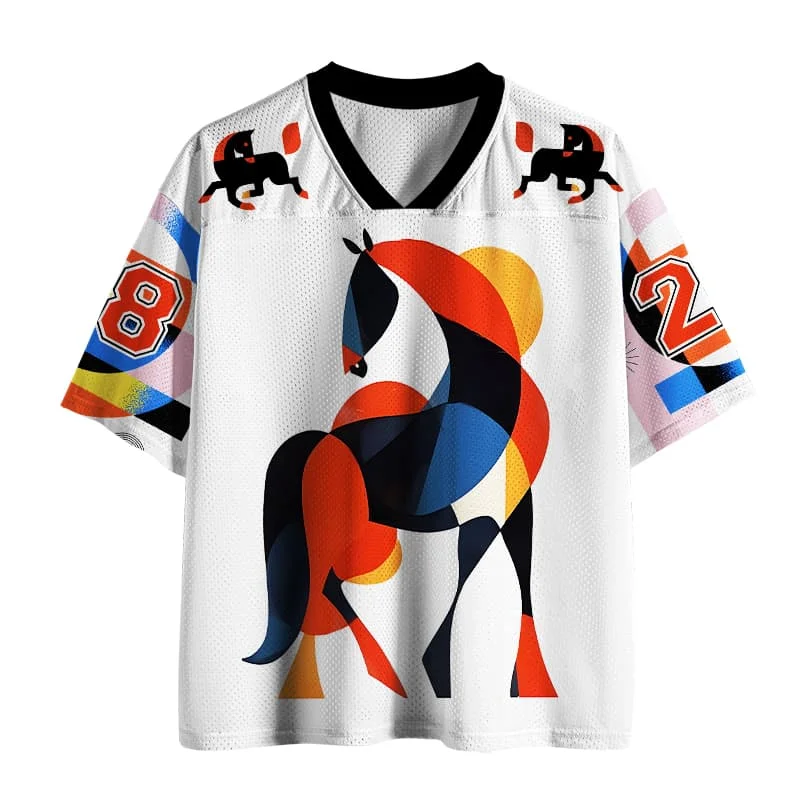 2026 Popular V-neck Mesh T-shirt with Fun Printed Short Sleeved T-shirt, Retro Streetwear, Loose Oversized Sports Mesh T-shirt