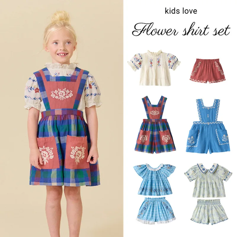 Children's Set 2026 Summer EM Country Style Girls' Heavy Embroidery Flower Top and Shorts and Belt Pants Two-piece Set