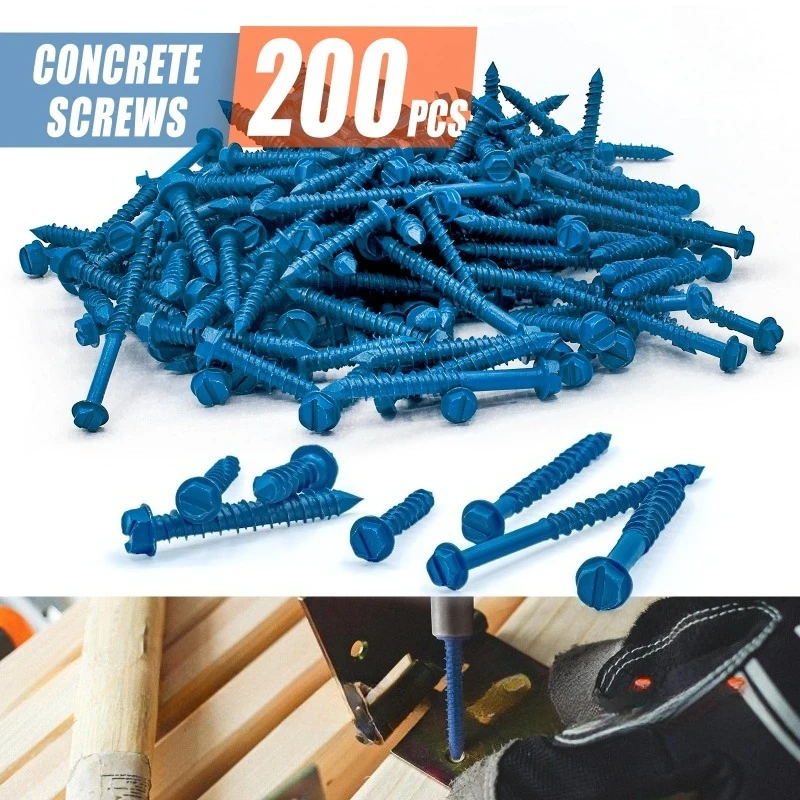200Pcs Concrete Screws with Drill Bit Driver bit 3/16