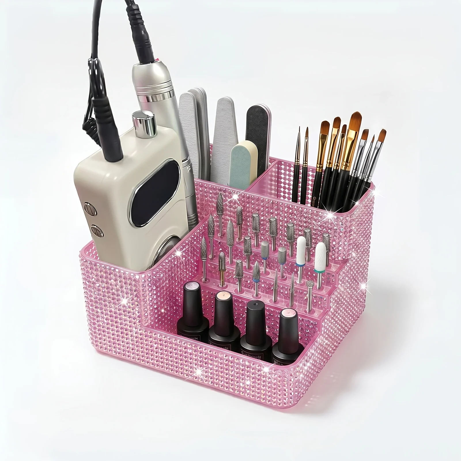 Rhinestone Starlight Nail Art Organizer, Clear Acrylic Multi‑Compartment Manicure Tool Holder for Salon & Home Desk