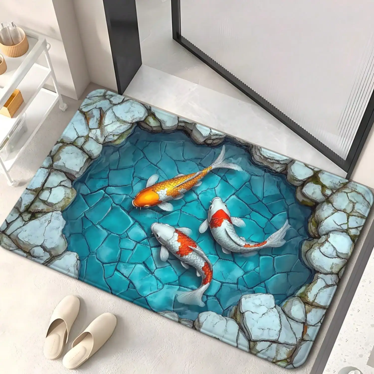 1pc Japanese Zen Garden Koi Fish Pond Door Mat - Non-Slip Absorbent Microfiber Polyester Mat With Turquoise Blue & Golden Koi Design, Machine Washable Indoor