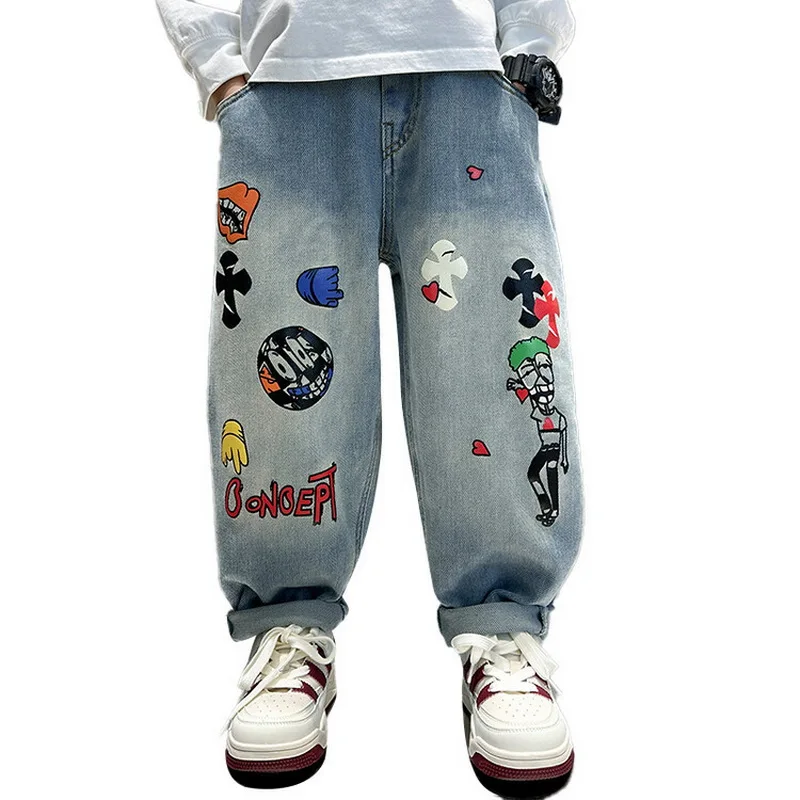 Spring Kids Retro Blue Jeans with Cartoon Print For Boys Casual Loose Straight Fit Denim Pants Child High Waist Jeans Trousers - Image 6