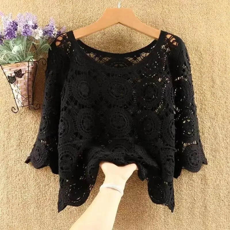 Women 2024 New Spring Summer New Hook Flower Hollow Loose Pullovers Female Shawl Knitted Tops Ladies Short Jumper Sweater Tops