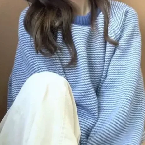 الرجعية الكورية نمط الأزرق سترة المرأة فضفاضة ملابس خارجية جديدة غير رسمية مخطط كتلة اللون الصيف كسول نمط طاقم الرقبة الأعلى