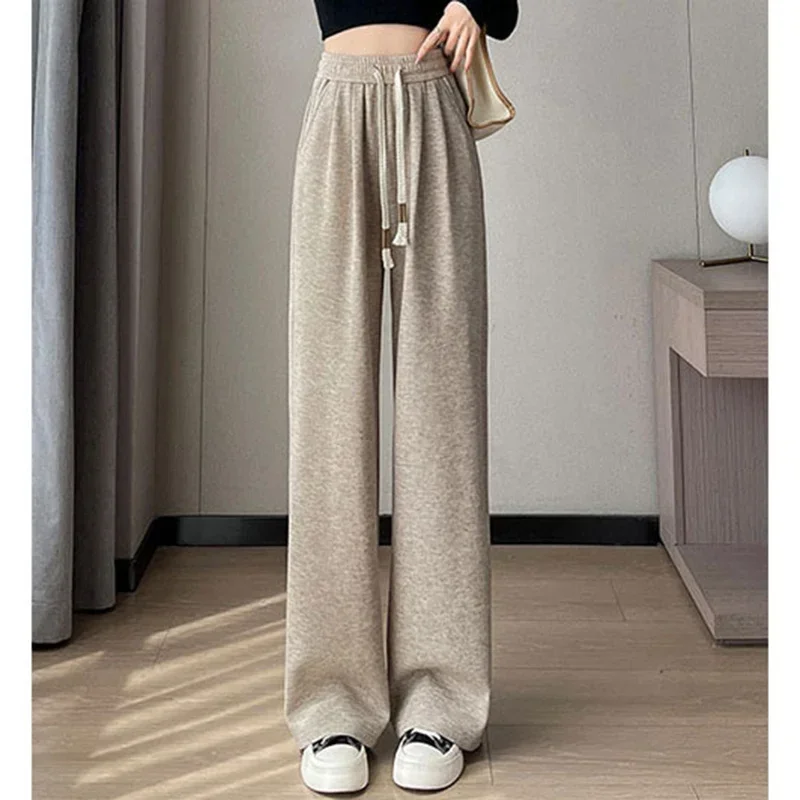 Autumn Women Cotton Elastic High Waisted Sweatpants Lady Solid Leisure Daily Wide Leg Straight Leg Trousers
