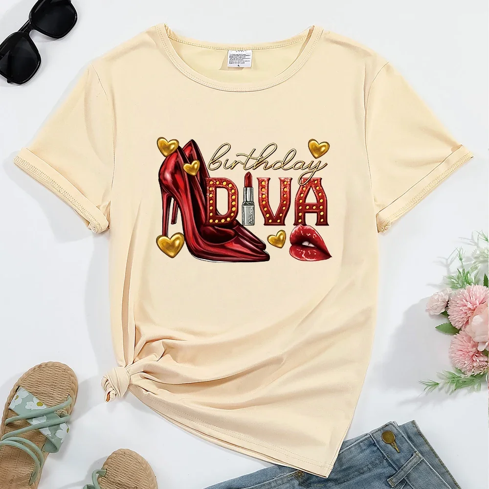 

Women's T-shirt Birthday Diva Pattern Print Round Neck Casual Streetwear Comfortable Breathable Summer Female Clothing Top Tees