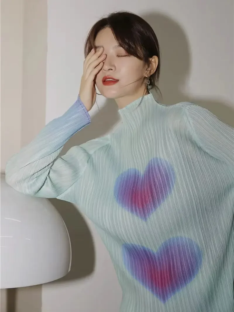 Gradient Heart Print Long Sleeve Top And Blouse Women Turtleneck Ruched Green Ladies Tops Spring