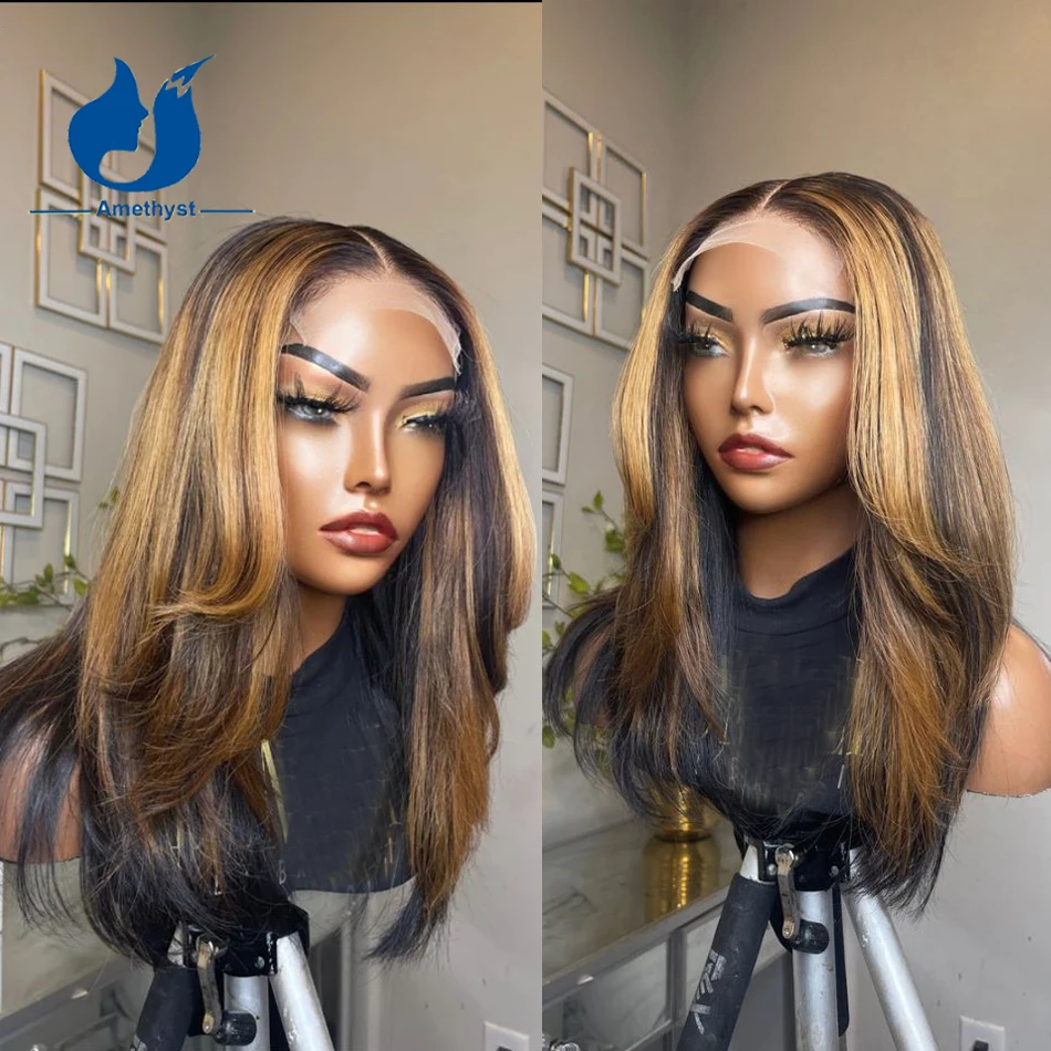 Parrucca con chiusura in pizzo con evidenziazione a strati di ametista capelli umani per donne nere 5.5 x4.5pu Top in seta prepizzicata capelli Remy Glueless colorati