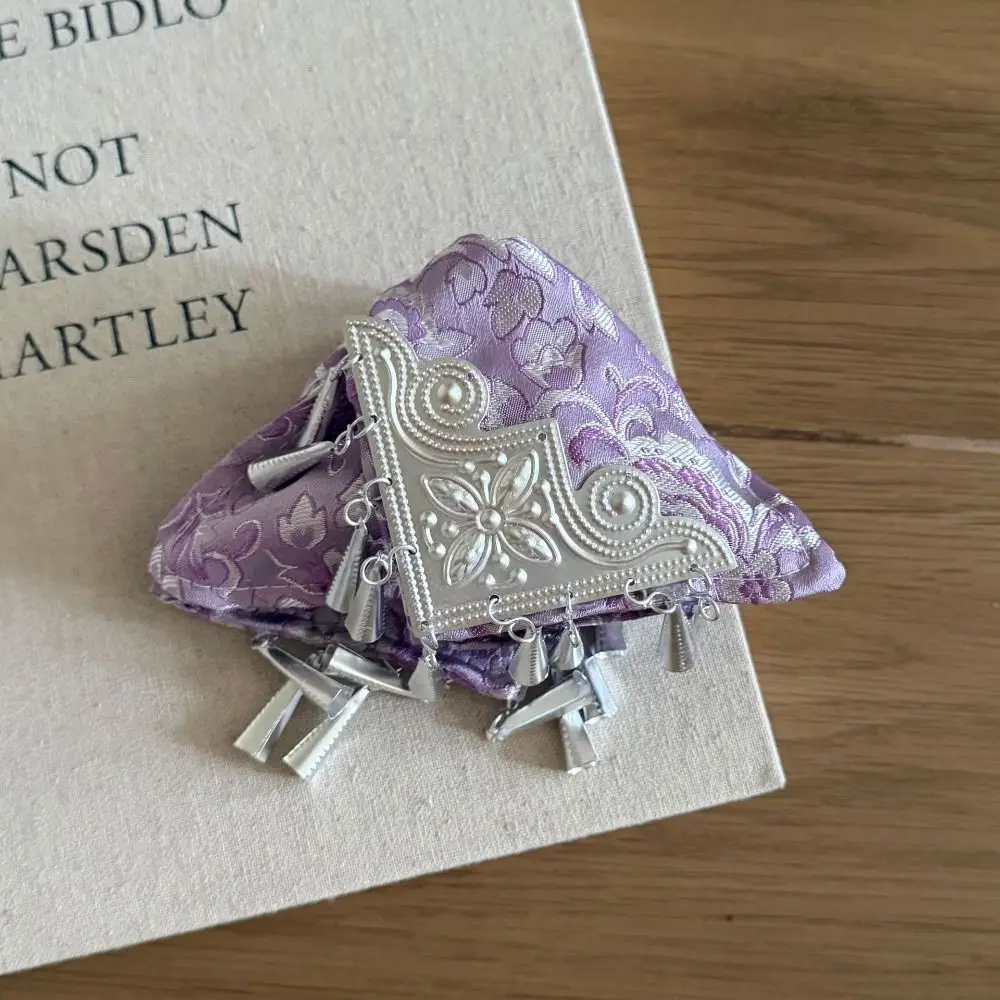 Cloth Satin Triangle Hair Claw Large Bow Ethnic Style Hair Clip Flower Hairpin Silver Tassel Shark Clip Hair Accessories
