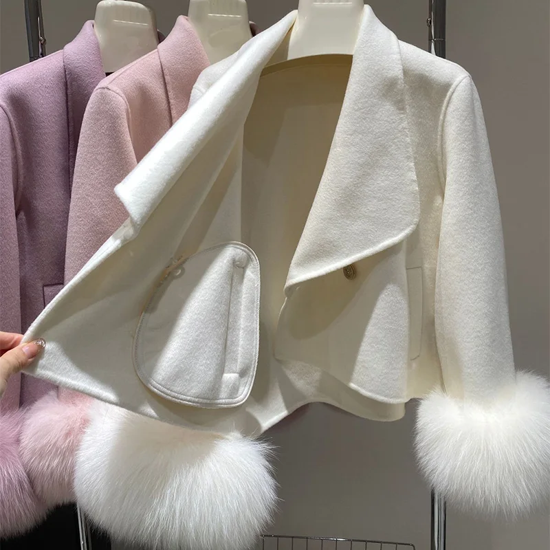 New Double-sided Wool Coat Women Short Loose Fox Fur Cuff Slim Warm Lapel Long Sleeve Soft Fur Coats Female Fit Autumn Winter