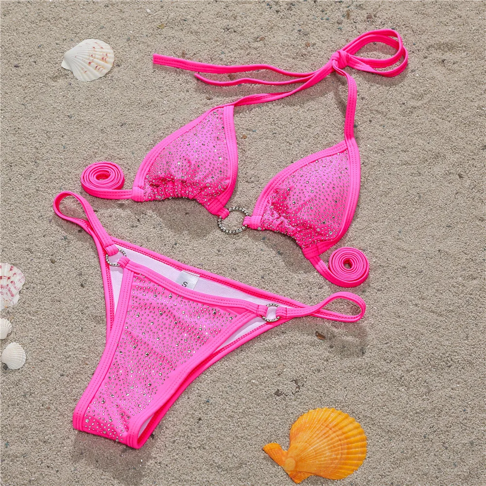 Sparkling Bikini Set Women's Sexy Swimsuit Push Up Bikini Solid Color Bandage Bikini Set Shiny Swimsuit Beach Outfit Thong