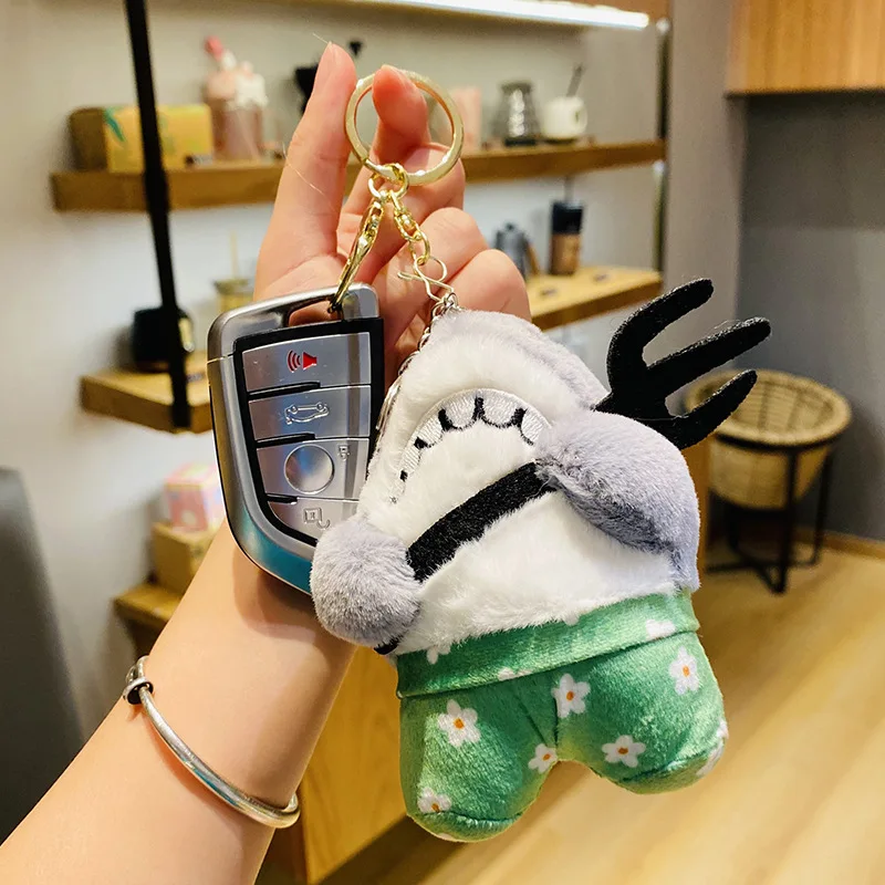 Cute Plush Shark Soldier Keychain Cartoon Fork Shark Marine Animal Stuffed Pendant Keyring for Women Couple Kid Bag Ornament Toy