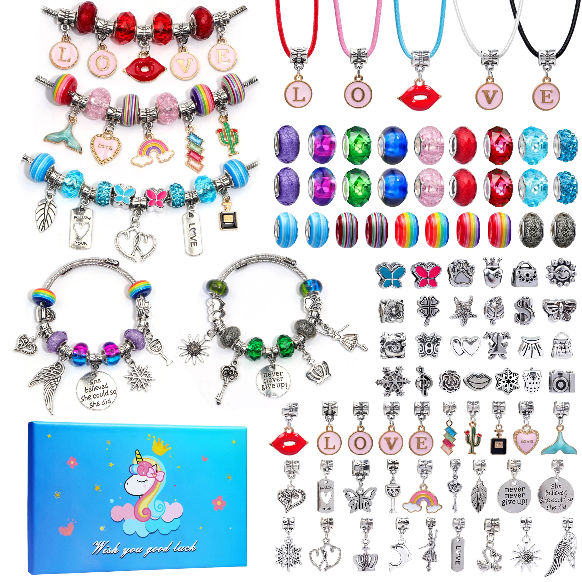 New children's bracelet set Blue unicorn handmade DIY beaded LOVE pendant exquisite gift box