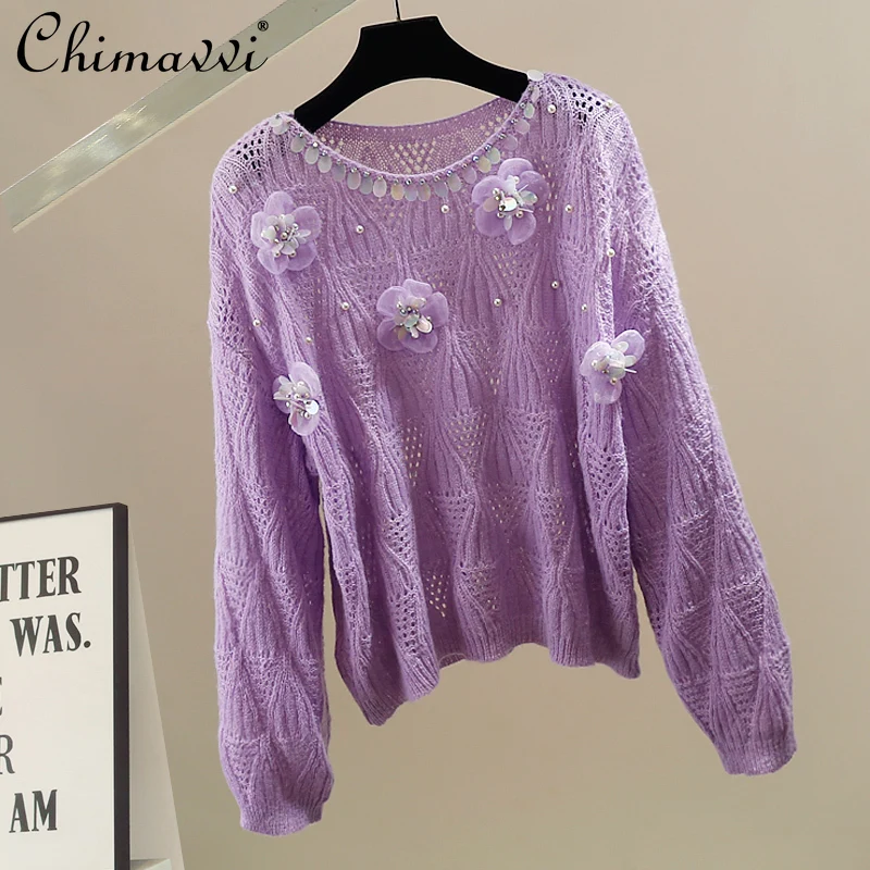 Корейский модный вязаный свитер с 3D цветком, свитер, милый женский свободный темпераментный пуловер с длинными рукавами для девочек, топ, новинка 2023 года