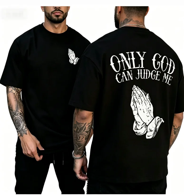 Men's Summer Cotton Fashionable Casual Sports Loose Only GOD CAN JUDGE ME Printed Round Neck Short Sleeved Tshirt Top Breathable