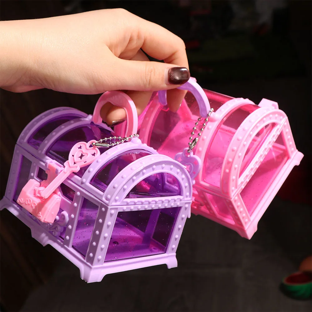 Mini Box Pink/Purple Jewelry Box With Lock Girls Dressing Cute Makeup Box Plastic Storage Case Treasure Chest Women Girls