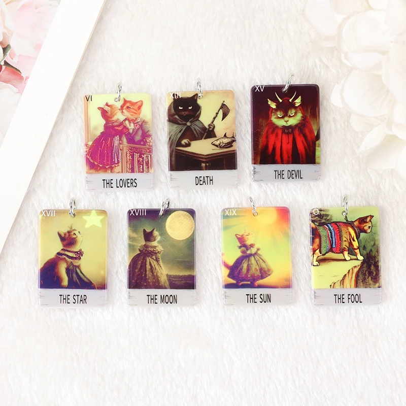 8Pcs /Lot Cat Tarot Card Charms Creative Acrylic Sun Moon And Lovers Jewelry For Necklace Keychain Diy