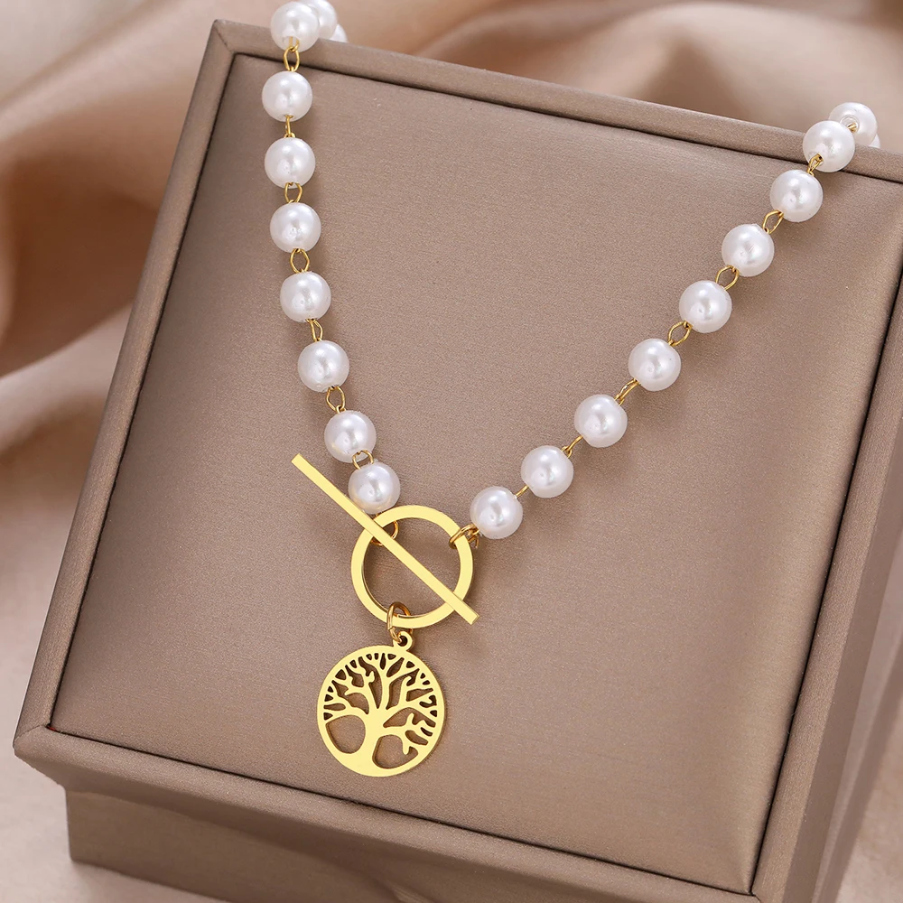 Stainless Steel Necklaces Vintage Fortune Tree Pendant White Imitation Pearl Chains Fashion Ladies Necklace For Women Jewelry