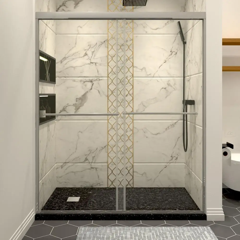

Sliding Shower Door with Tempered Glass 1/4" Thick Aluminum Frame Stainless Steel Handle Double Door Anti-Leak Design