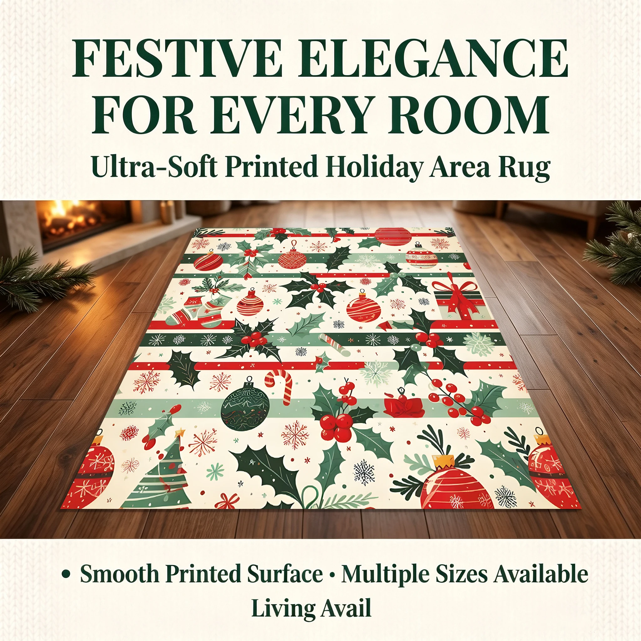Velvet Rug Christmas Garland Holly Red Berry Snowflake Vintage Style for Entryway Bedroom Living Room Home Decor