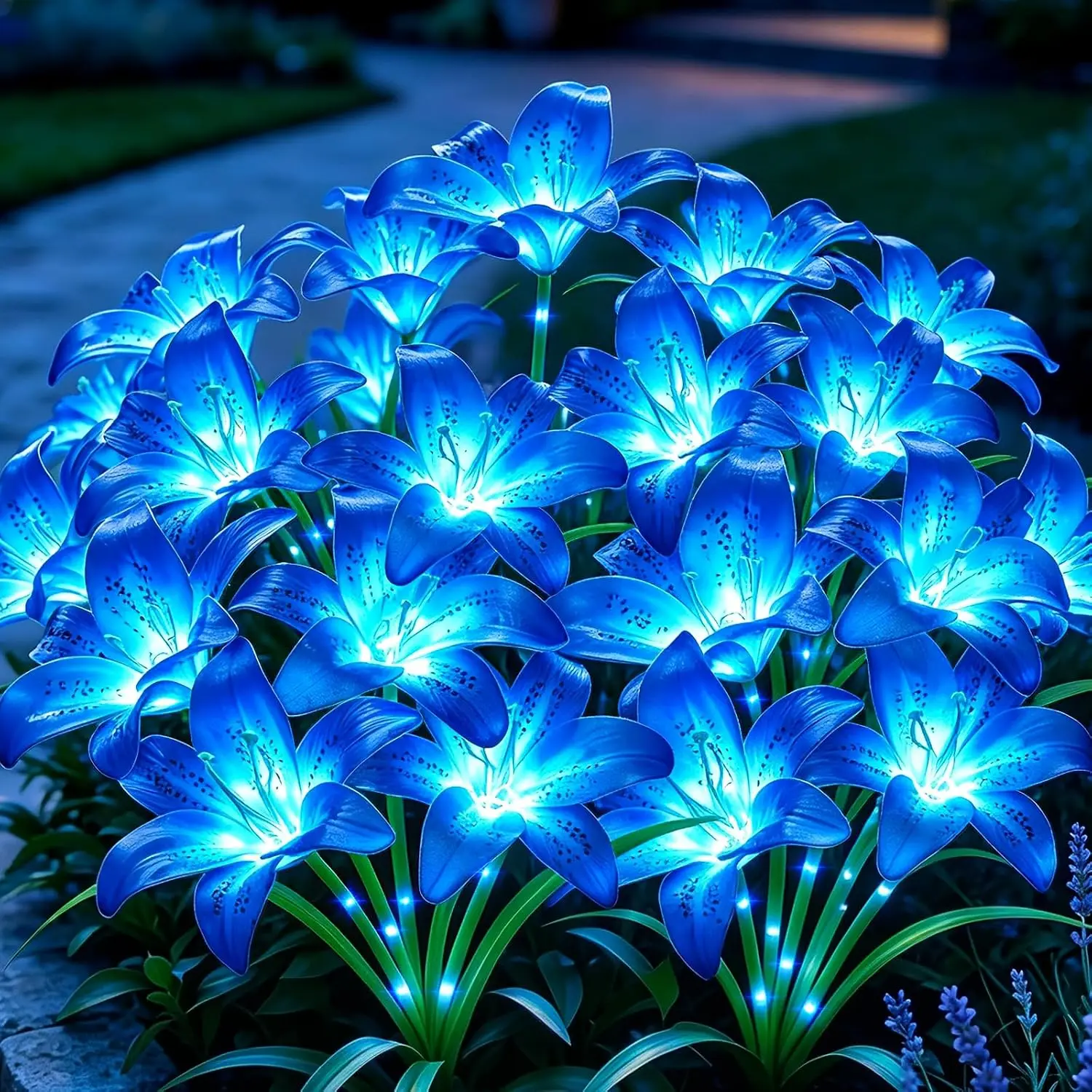 Solar Garden Lights 6 Pack 24 Blue Lily Flowers