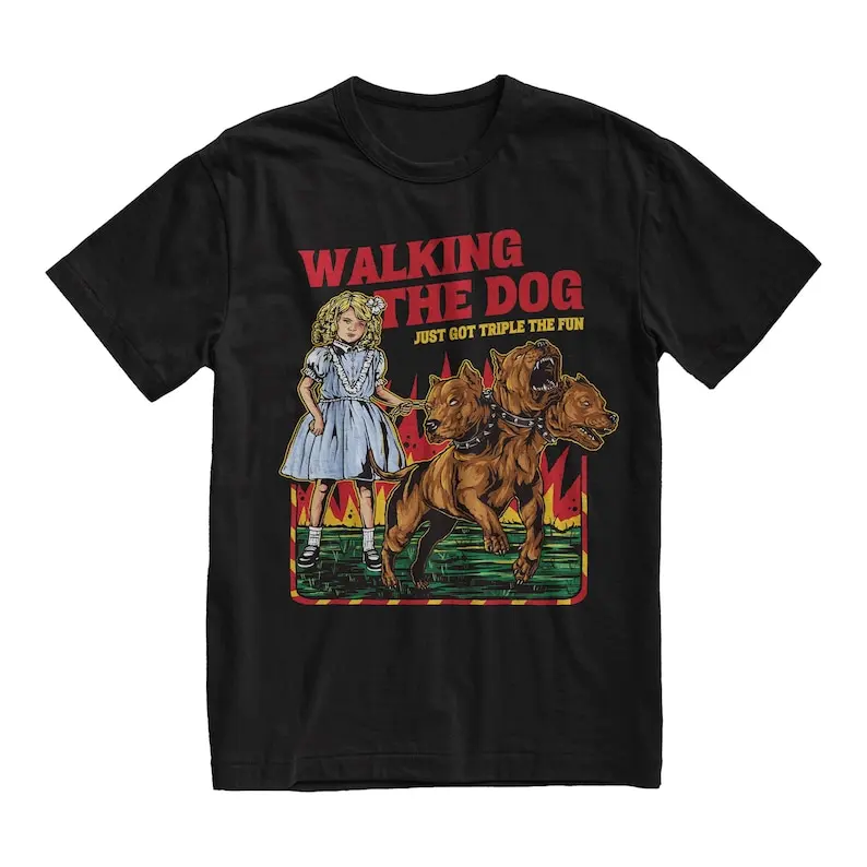 Walking The Dog CerberusT-Shirt Cerberus Fan Tshirt Retro Graphic Tee Humor Shirt Aesthetic Clothing Grunge Clothes Gothic Tee