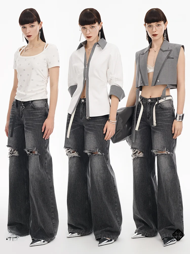 

Джинсы COTTIA с высокой талией, весна-лето, с дырками, утягивающие, длинные, асимметричные, повседневные, износостойкие, широкие штанины