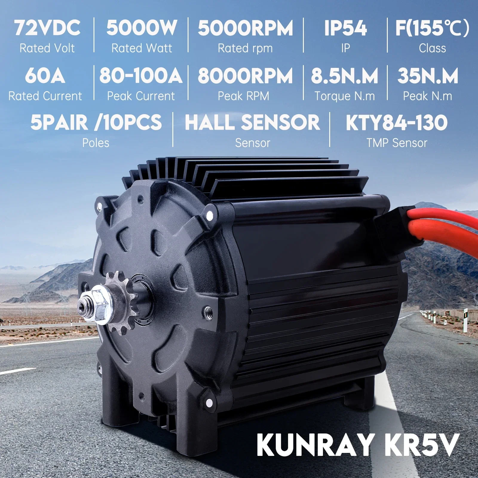 KR5V Kunray 72V 5000W Upgrade Motor For Electric Motorcycle Temperature Brushless Motor Go Kart Peak Current 80A-100A