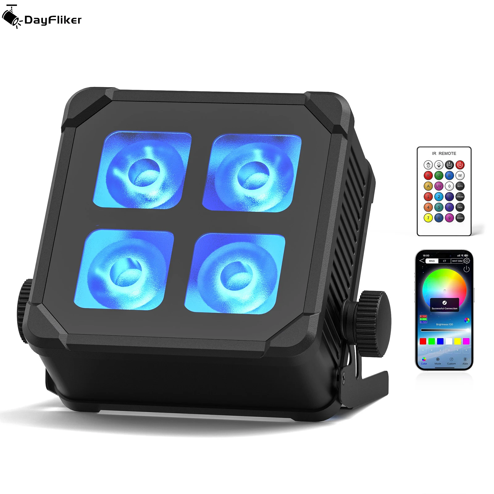 

DayFlicker 60W 4-LED RGBWA+UV Waterproof APP Par Light DMX512 2/6/8/11CH Coice Control For Party Concerts Exhibits Path Lighting
