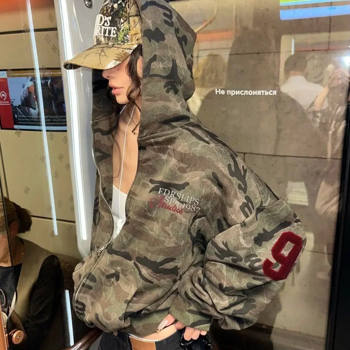 Retro High Street Hooded Camouflage Jacket Female Retro American Loose Plus Velvet Couple Zipper Jac