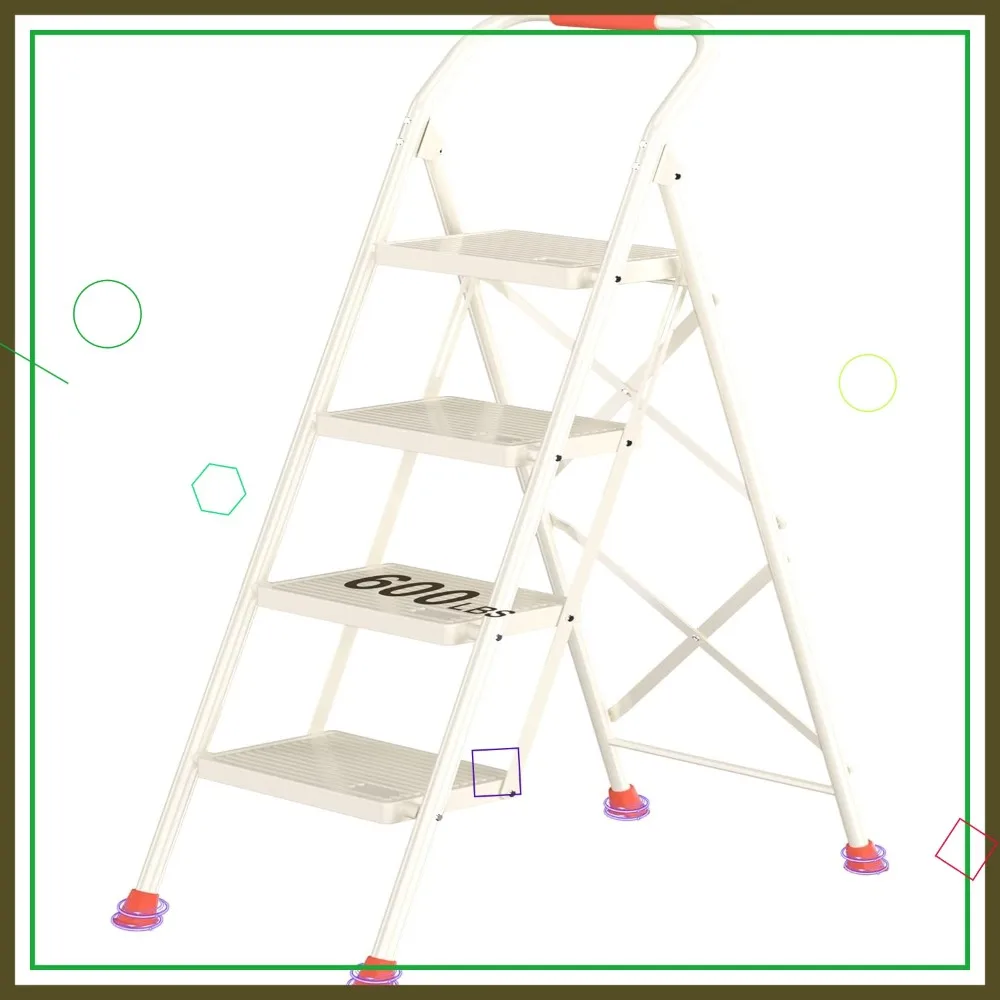 Foldable 4-Step Ladder Stool - 600Lbs Heavy Duty with Handrails, Space-Saving for Home Kitchen Use