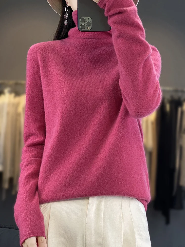 Autunno inverno donna dolcevita maglione 100% lana Merino manica lunga Cashmere maglieria femminile Basic Jumper moda coreana top