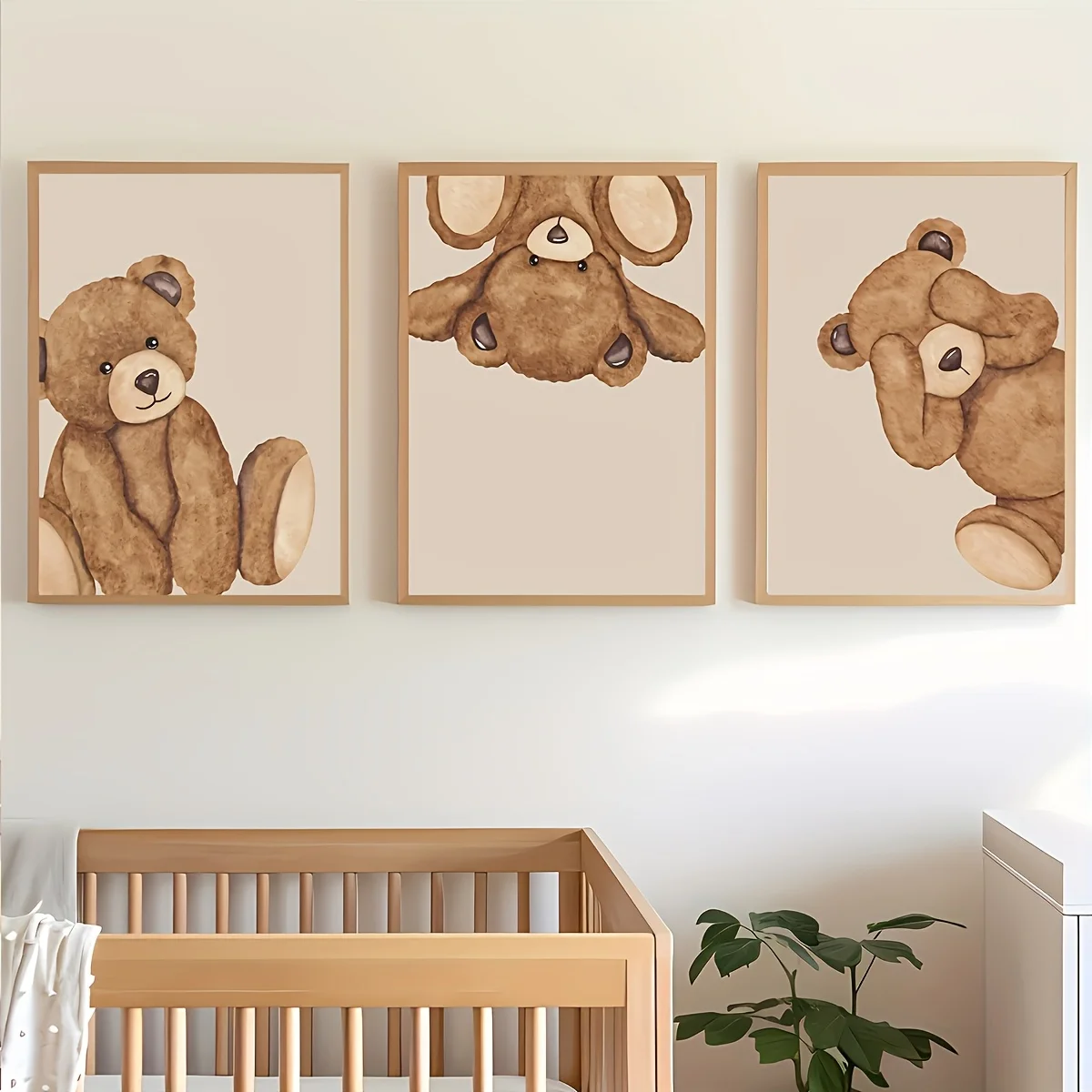 (No frame)3pcs Frameless Teddy bear nursery Posters, brown cute peeking animal Canvas Painting, Creative Wall Art, Birthday p